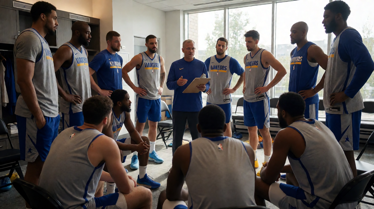 NBA球队战术布置，教练在场边讲解战术，球员围成一圈认真倾听